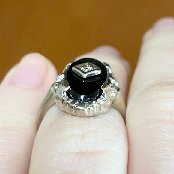 14k onyx art deco style black Cabochon white gold vintage size 4 ring - Picture 4 of 9